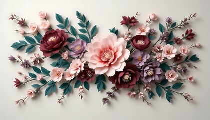 Elegant paper-cut flowers in blush and burgundy tones with teal leaves on a soft neutral background