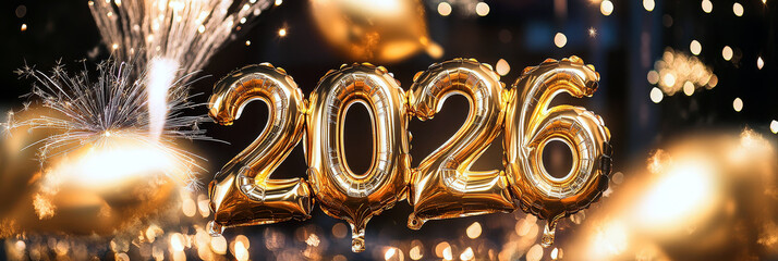 Gold New Years 2026 celebration balloons and fireworks banner illustration.