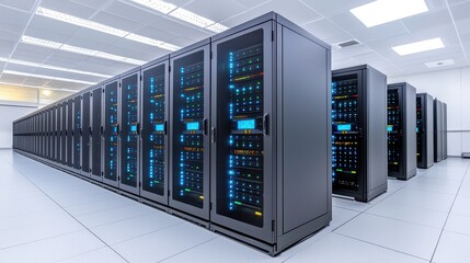 Obraz premium Data center operations modern facility technology infrastructure controlled environment wide-angle view efficiency focus