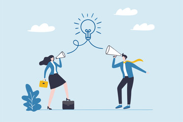 Communication message, announcement or conversation to communicate idea, information or discussion speech, advertising strategy, speaking or talk concept, business people talk on megaphone with idea.