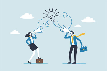 Communication message, announcement or conversation to communicate idea, information or discussion speech, advertising strategy, speaking or talk concept, business people talk on megaphone with idea.