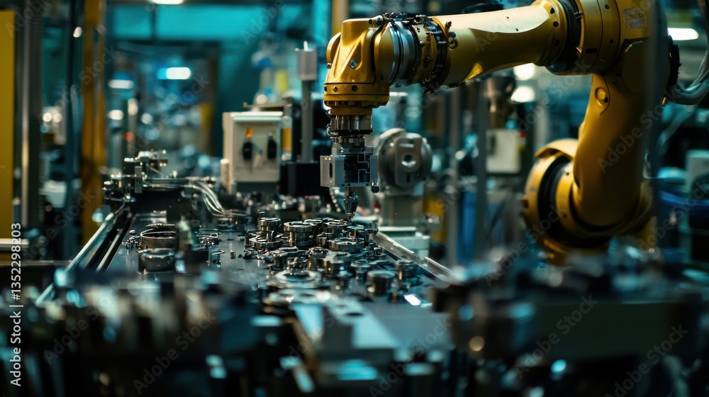 Poster a robotic arm assembling parts on a production line