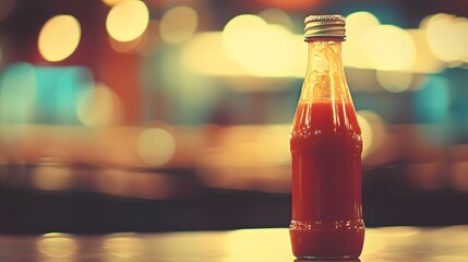 Red Sauce Bottle: A vibrant close-up of a glass bottle filled with rich red sauce, its metallic cap gleaming under the soft, blurred lights of a restaurant background.
