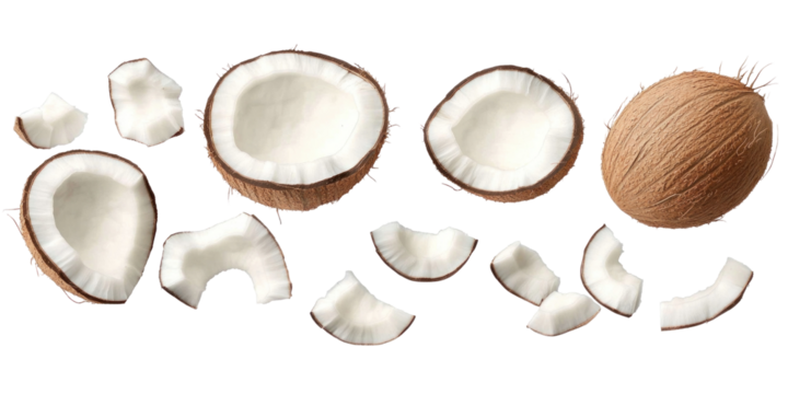 coconut broken pieces on white background - Powered by Adobe