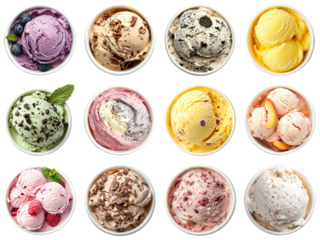 Diverse Assortment of Creamy Ice Cream Flavors in Circular Cups Displayed in a 4x3 Arrangement on White Background. Piquant food set.