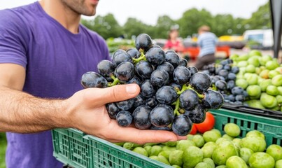 Fresh and Juicy Black Grapes Held by a Young Man at a Vibrant Outdoor Farmers Market with Various Fruits in Background