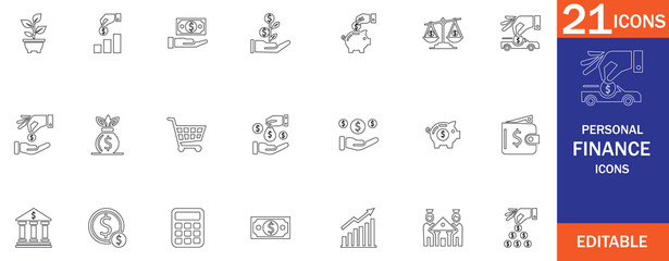21 editable line icons for personal finance, featuring money, savings, investment, banking, budgeting, and financial growth. Ideal for business, fintech, and marketing use