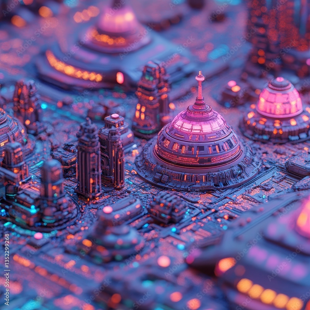 Poster illuminated futuristic cityscape comprised of various technological architectural structures