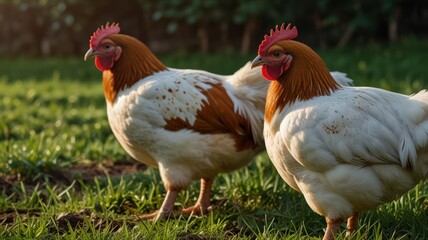 Fototapeta premium Two chickens graze on grass. Their feathers are red and white on a sunny day