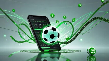 Mobile soccer betting interface with green digital graphics, floating numbers and football elements in 3D environment

