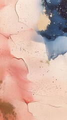 Fototapeta premium Abstract painting with soft pink and blue washes, gold accents, and textural elements
