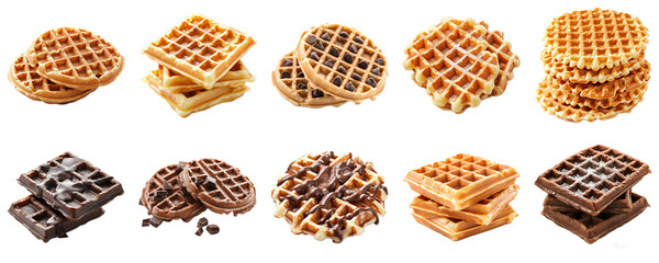 Delicious Variety of Waffles Including Chocolate Flavors and Classic Golden Waffles Perfect for Desserts and Breakfast Dishes, Optimized for Food Lovers and Photographers. Piquant food set.