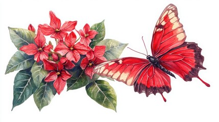 Watercolor botanical illustration of a butterfly and flowers with details of cardinal flower and poins