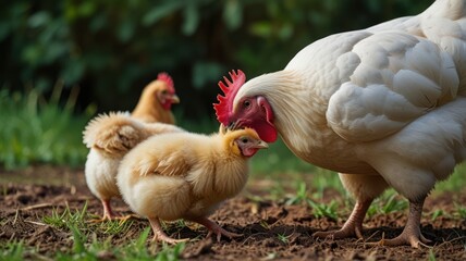 Fototapeta premium Mother and baby birds near the ground amidst foliage under sunlight outdoors
