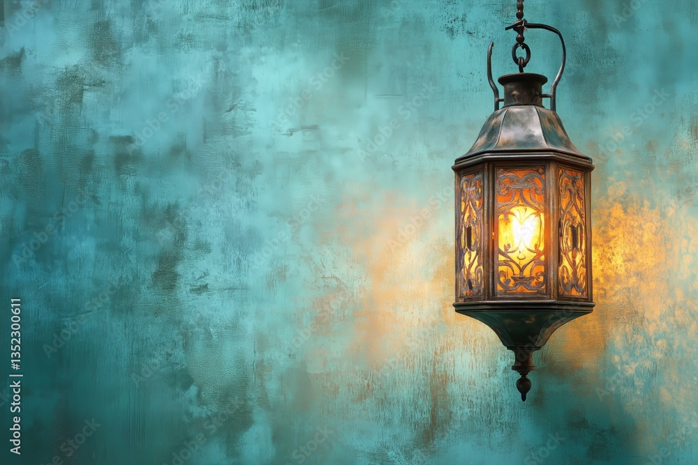 Aufkleber hanging decorative lantern casting warm light in a tranquil setting with a textured background