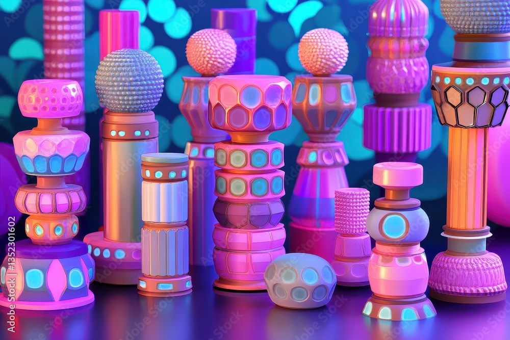 Poster abstract colorful pillars and decorative objects on blue background