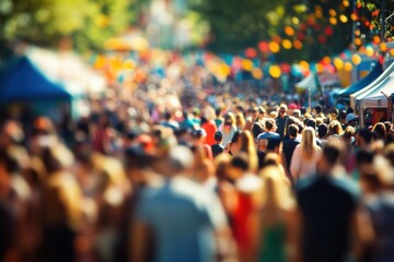 Festival crowd in tilt-shift style and vibrant colors with copy space