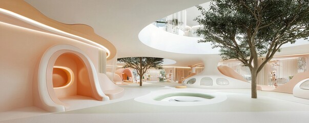 A modern, minimalist interior space featuring organic shapes, soft colors, and indoor trees, creating a harmonious and serene environment.