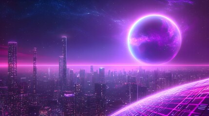 A cityscape with a purple planet in the background