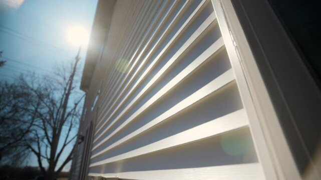 Wide view of White siding house wall with modern panels at sunny day, providing a sleek and classic exterior look. move camera view
