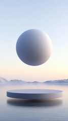 A large sphere hovering above a circular platform on water