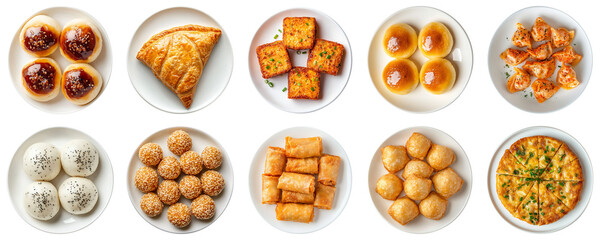 Delicious Assortment of Dim Sum Dishes Featuring Dumplings, Buns, Pastries, and Sweets Perfect for Asian Cuisine Lovers and Food Enthusiasts. Piquant food set.