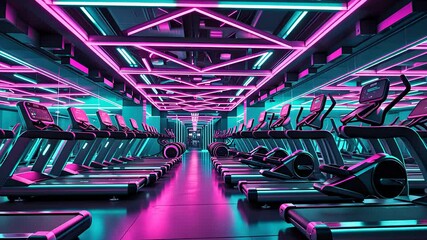 Futuristic gym interior with rows of treadmills illuminated by neon pink and cyan lights in a symmetrical layout
- Powered by Adobe