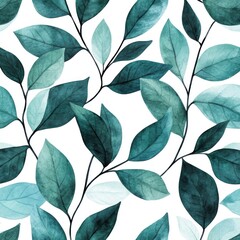 Watercolor painting shows a seamless pattern of teal colored leaves