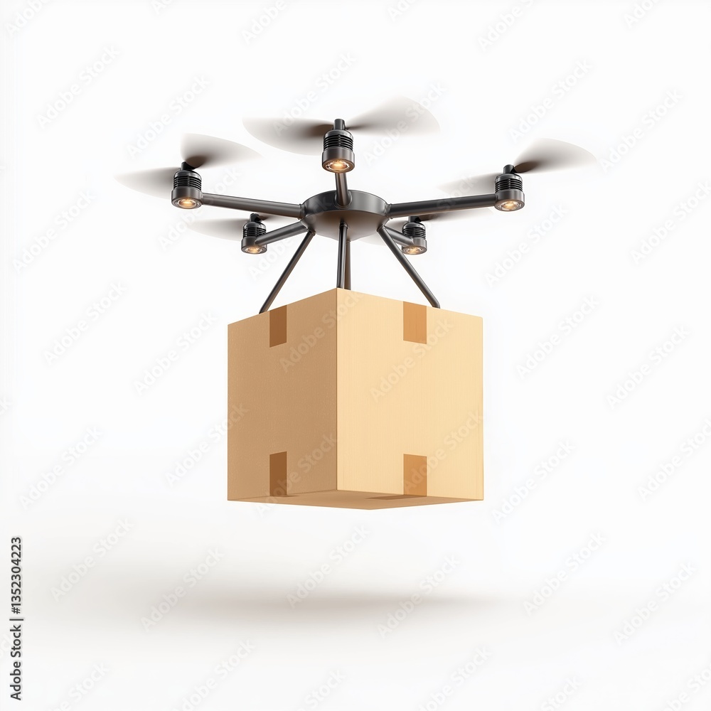 Poster futuristic drone with box for inventory scanning in smart logistics system