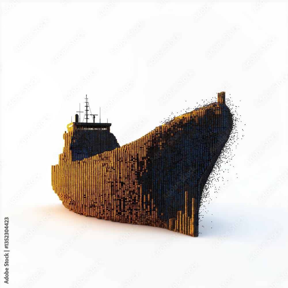 Poster digital representation of a cargo ship floating on the sea with data points and logistics theme