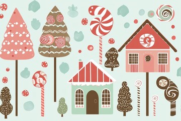 Colorful whimsical illustrated treats and houses depicted on a light background