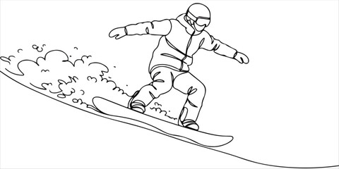 Snowboarding on Alpine Slopes Friends snowboarding down powdery alpine slopes on a sunny winter day,  continuous single one line art hand drawing sketch white background © Bigbambe
