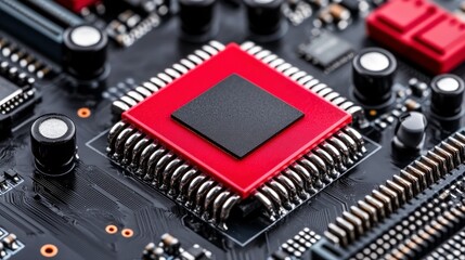 Close-up view of a modern microprocessor on a circuit board showcasing intricate details and technology, highlighting components and connections.