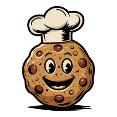 Vector doodle cartoon cookie with chef hat on it. The cookie is smiling and has chocolate chips on it