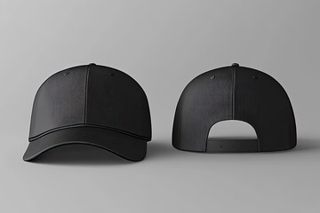 Blank black baseball cap mockup.  Front and back views of a dark gray/black baseball cap.  The cap features a structured design, a curved visor, and a flat back
