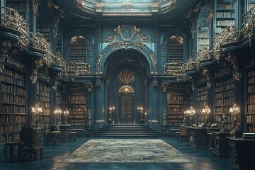 Grand library with intricate detailing and countless books in a stately building