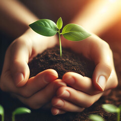 Hands holding a small growing plant with care