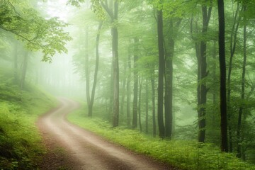 Fototapeta premium Forest path in morning fog ethereal mood and soft diffused light with space for text above
