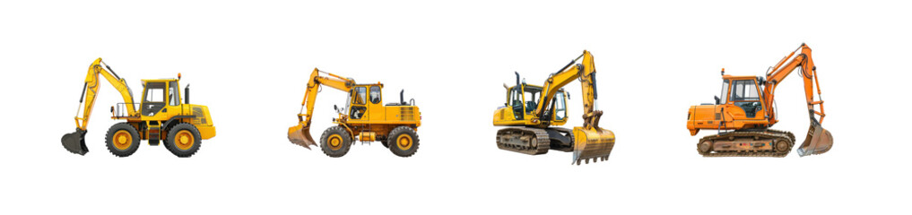 Collection of Backhoe Loader Truck side view full length isolate on transparency background