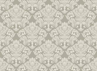 Seamless vintage damask pattern with ornate floral motifs on beige background, classic baroque-style decorative wallpaper, intricate ornamental vector design for textile, fabric, and interior decor
