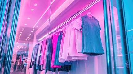Neon-lit clothing store window display showcasing colorful women's apparel on hangers.