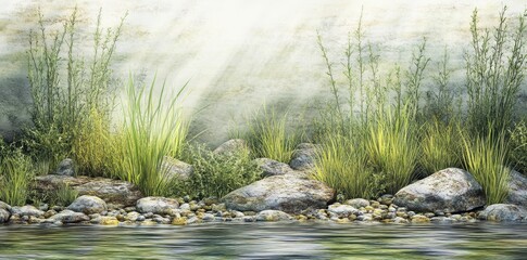 A serene landscape image depicts a waterside environment with sunlight