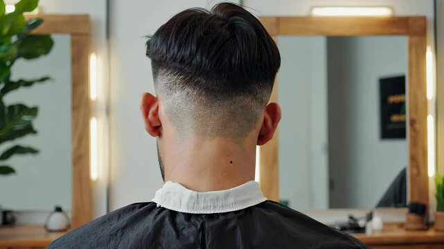 Back view of fresh fade haircut in bright salon, man, haircut trends, fade styles, modern barbering