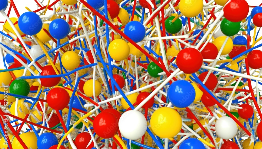 Poster colorful spheres are attached to intersecting lines of varying colors