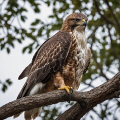 "A majestic hawk perched on a branch, gazing intensely forward, detailed feathers and sharp talons, realistic lighting, white background."
