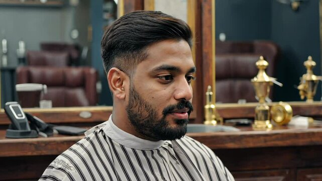 Barber styling beard in salon interior, man, beard grooming, facial care, style routine