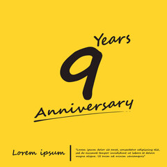 9th years anniversary celebration emblem logo isolated with line art - stroked handwriting on yellow background. vector illustration template design for web, flyers, poster, greeting card	

