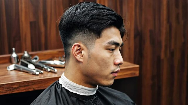 Asian male haircut with sharp fade and textured top, man, asian fashion, sharp style, barbershop trend