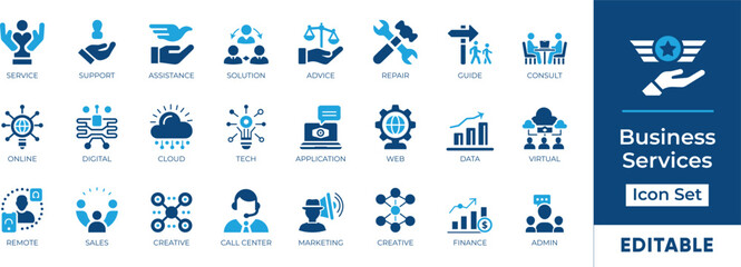 Business Services icon set features essential elements like customer support, digital solutions, cloud services, remote work, and more. Perfect for web design, presentations, and mobile apps.