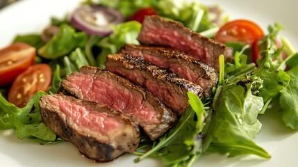 Grilled steak served with a side of fresh garden salad and balsamic vinaigrette dressing bright and fresh